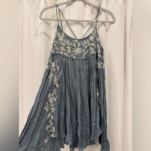 Free People Intimately Blue Flowy Dress with White Embroidery - Size S